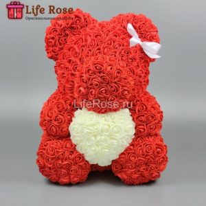 Красный Мишка из роз с сердцем 40 см